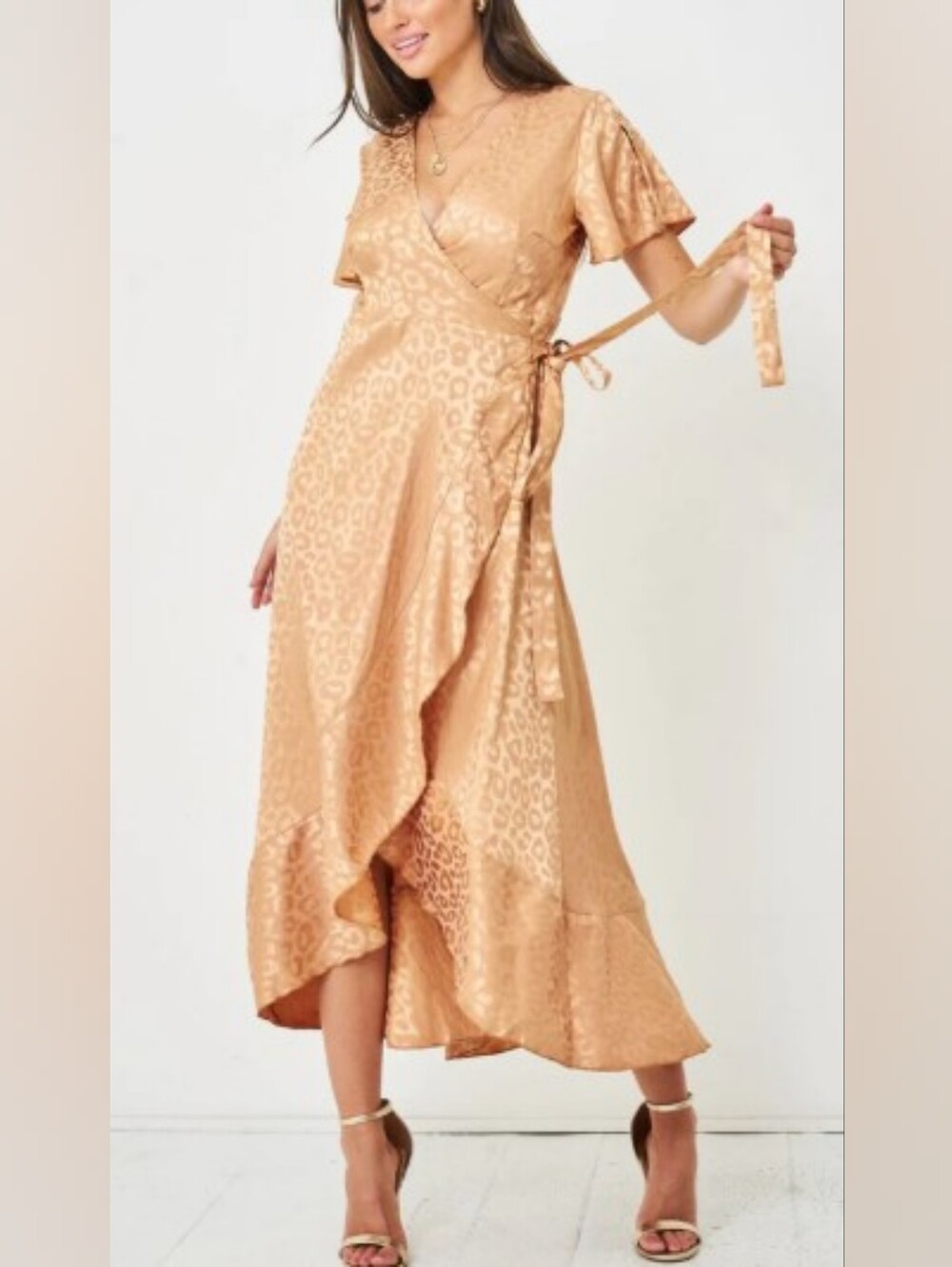 Simplee Apparel Champagne Leopard-Print Wrap Midi Dress Cap Fluttter Sleeve MED
